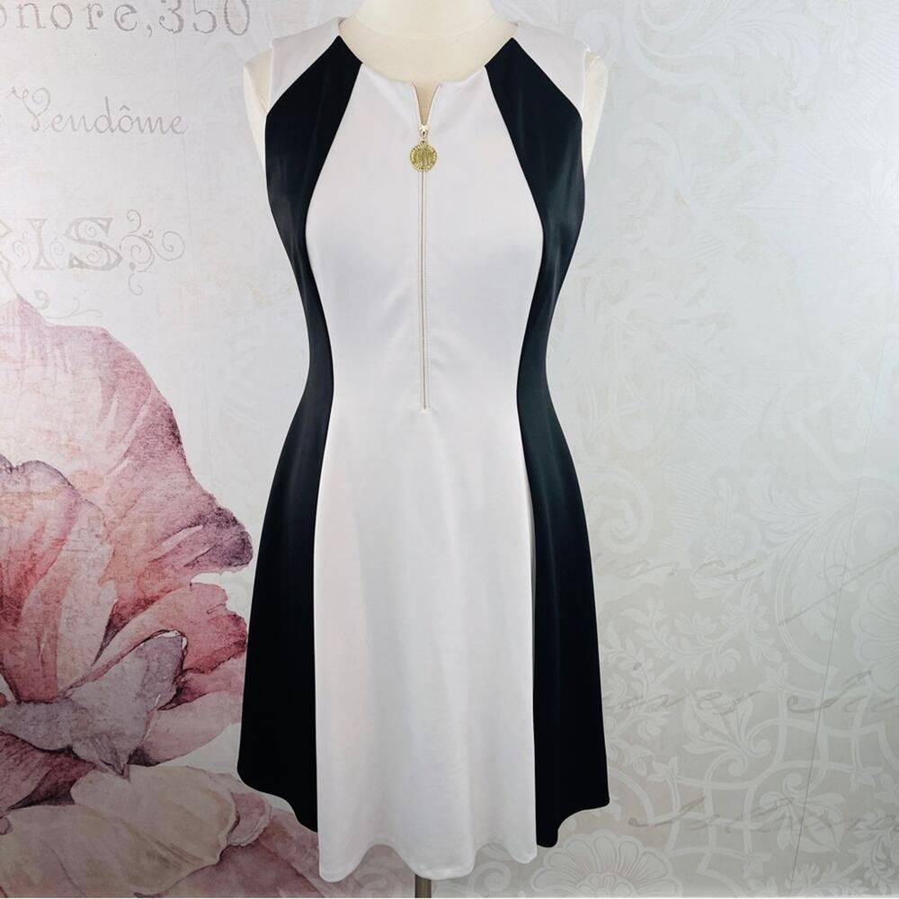 DKNY Black White Fit and Flare Front Zipper Scuba Size 10